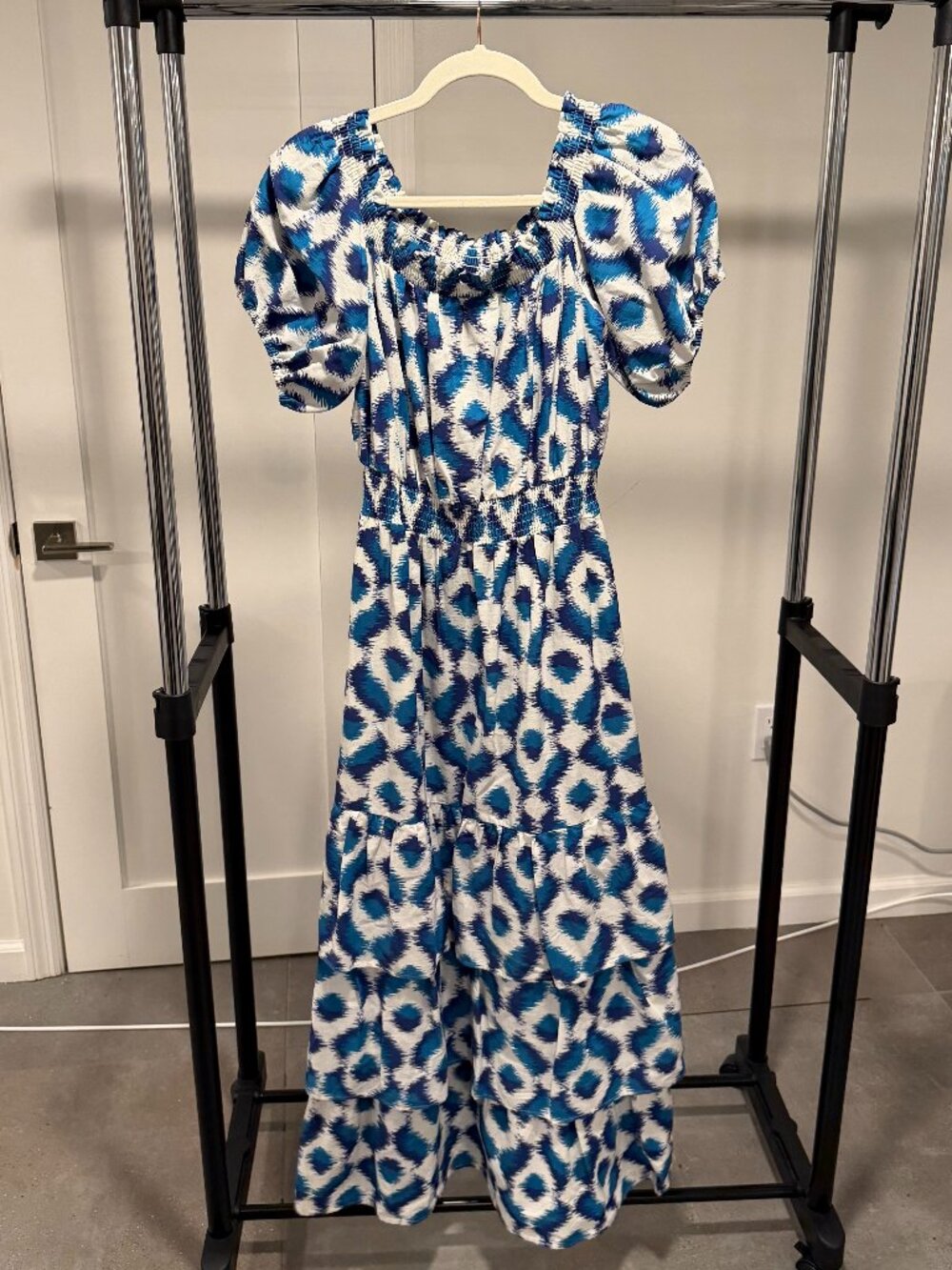 Knox Rose Blue White Ikat Smocked Maxi Dress NWT